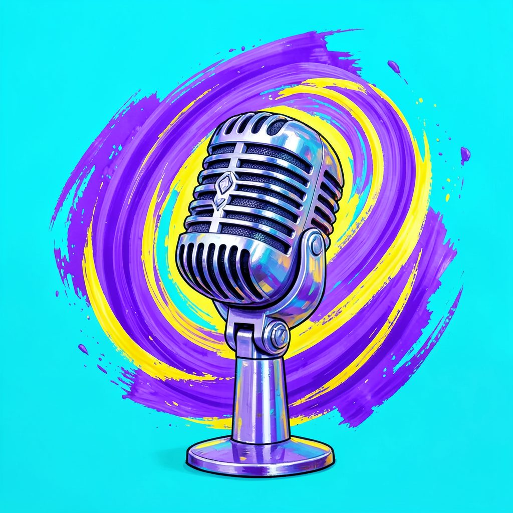 A bright painterly illustration of a microphone surrounded by swirling purple and yellow brushstrokes on a turquoise background