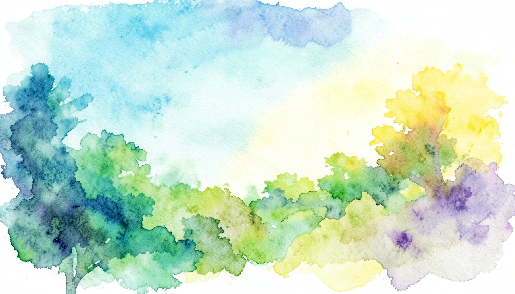 A full-width abstract watercolor landscape blending cyan, forest green, and sunshine yellow washes with loose purple brushstrokes