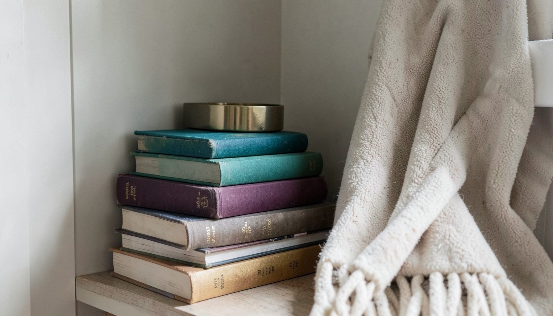 A quiet reading nook with stacked books in muted jewel tones — teal, plum, and gold — beside a soft throw blanket in natural light