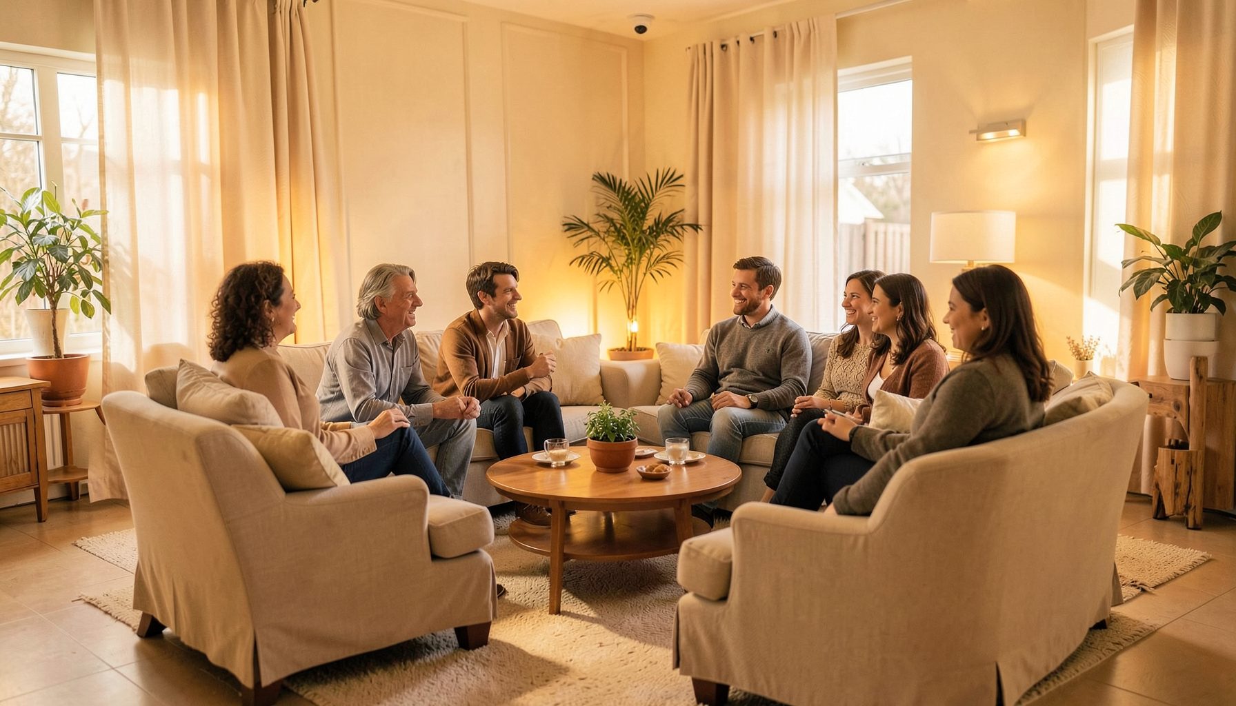 A softly lit gathering space with warm amber and cream tones, featuring comfortable seating arranged in a circle, evoking connection and conversation.
