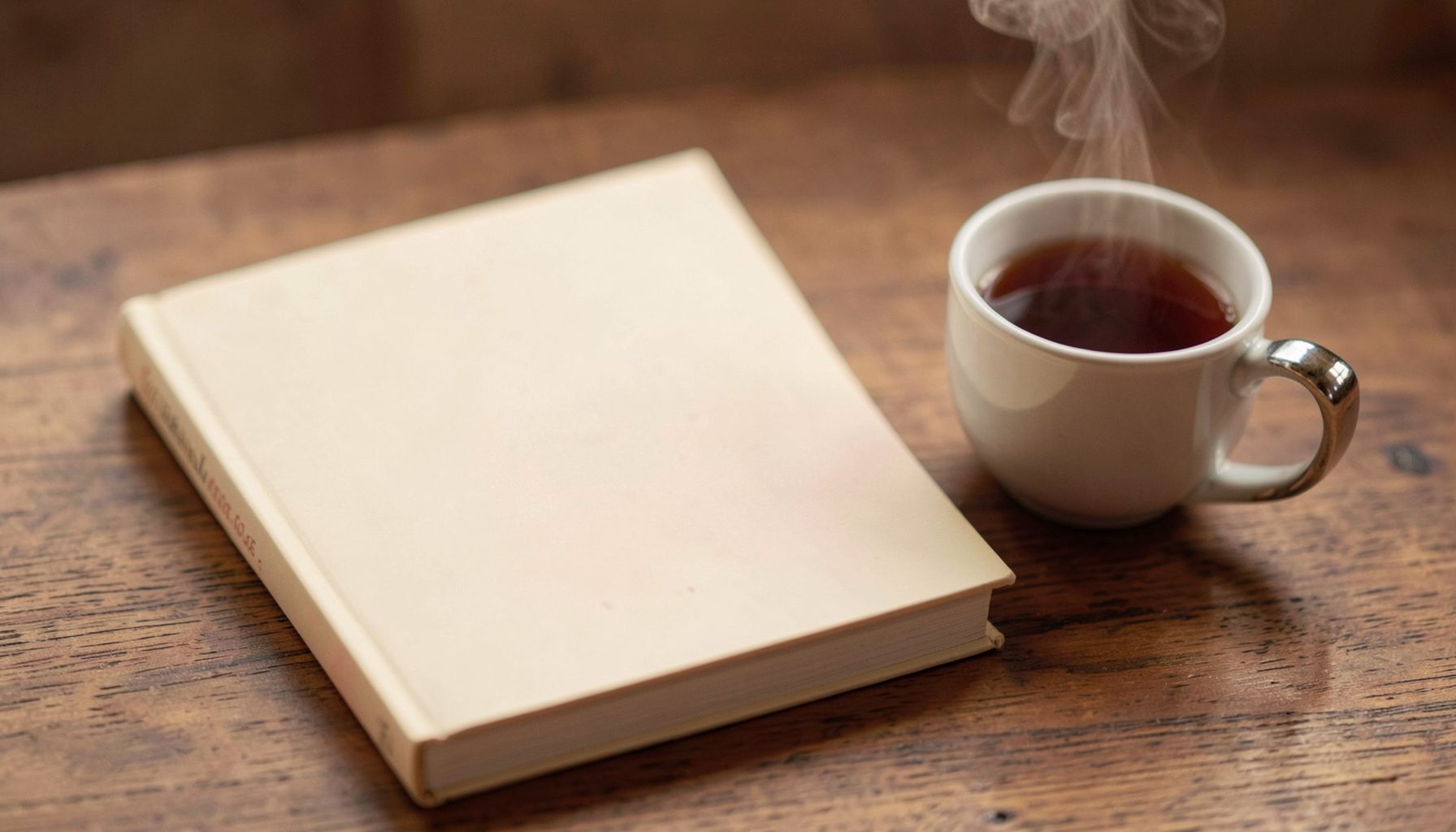 A warm, softly lit paperback book cover in cream and rose tones, resting on a wooden surface beside a steaming cup of tea